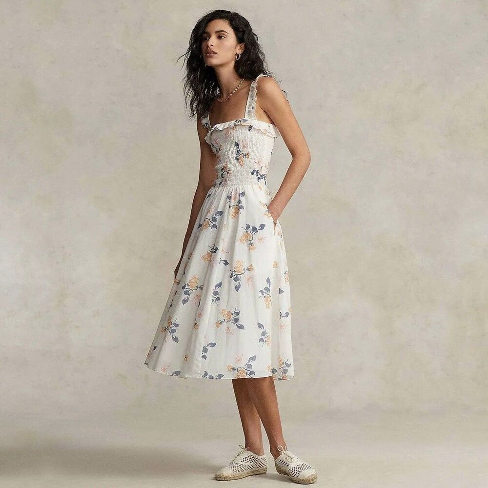 NWT Polo Ralph Lauren Cotton Smocked Bodice Dress in Ivory Size Large MSRP $298